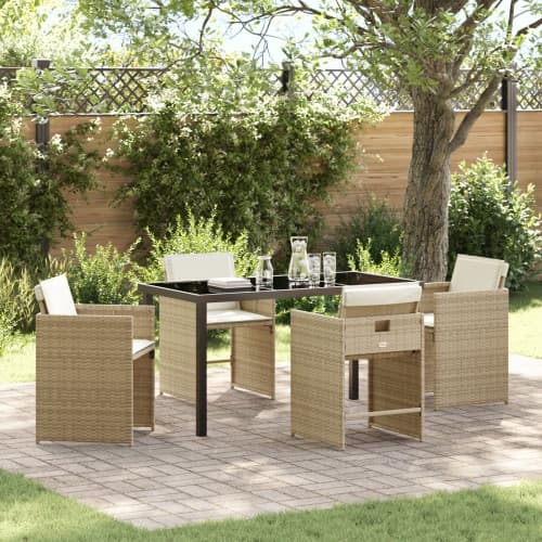 5-delat trädgårdsbord och stolar set med kuddar, beige PE-rattan