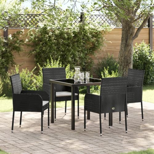 5 Delars Trädgårdsdining Set med Kuddar Svart Poly Rattan