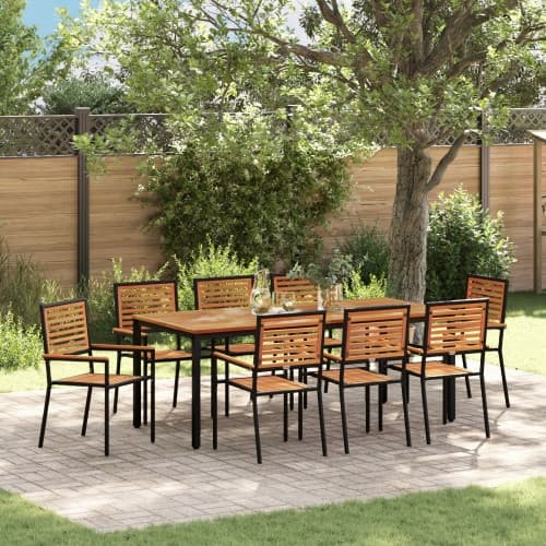 9-delat trädgårdsmöbelset svart poly rattan akacia, vidaXL stapelbara trädgårdsstolar med kuddar 2 st svart poly rattan, vidaXL trädgårdsbord 200x90x7