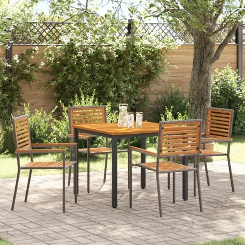 5-delars Trädgårdsservis Grå Poly Rattan Akacia, Stapelbara Trädgårdsstolar med Kuddar 2 st Grå Poly Rattan, Trädgårdsbord 90x90x75 cm Solid Akacia Tr