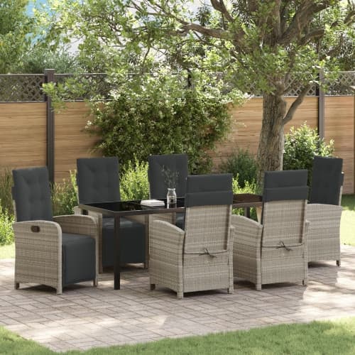 7-dela trädgårdsdining set med kuddar Ljusgrå Poly Rattan, vidaXL Trädgårdsbord Svart 200x80x73 cm Härdat glas