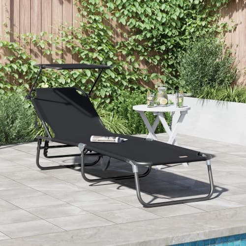 Vikbar solstol med tak Svart 600D Oxford tyg