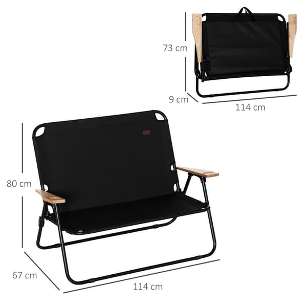 Rootz 2 -personers sammenfoldelige campingstol - bærbar dækstol - udendørs lejrsæde - indbygget kopholder - 141 x 67 x 80 cm - sort