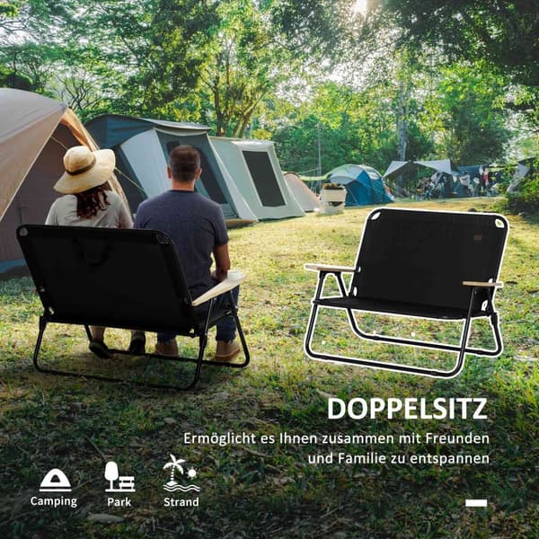 Rootz 2 -personers sammenfoldelige campingstol - bærbar dækstol - udendørs lejrsæde - indbygget kopholder - 141 x 67 x 80 cm - sort