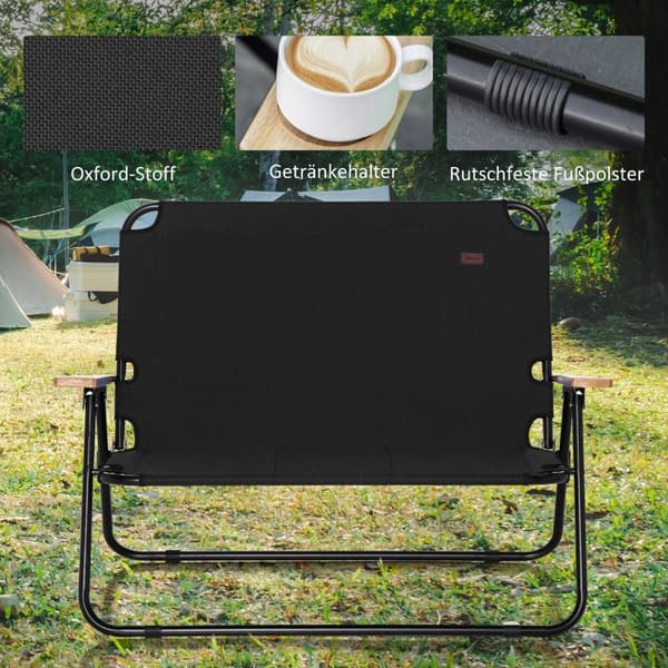Rootz 2 -personers sammenfoldelige campingstol - bærbar dækstol - udendørs lejrsæde - indbygget kopholder - 141 x 67 x 80 cm - sort