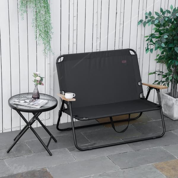 Rootz 2 -personers sammenfoldelige campingstol - bærbar dækstol - udendørs lejrsæde - indbygget kopholder - 141 x 67 x 80 cm - sort