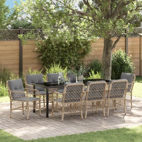 9-delad Trädgårdsmatbord med Kuddar Beige Poly Rattan