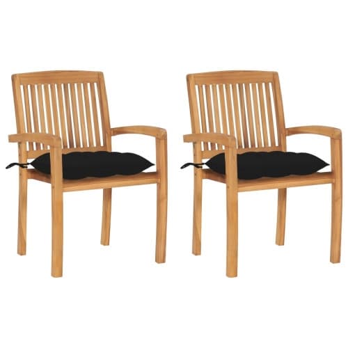 Trädgårdsstolar 2 st med svarta dynor massiv teak
