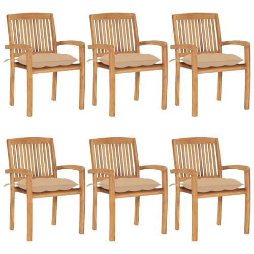 Stapelbara trädgårdsstolar med dynor 6 st massiv teak