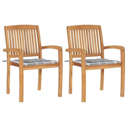 Trädgårdsstolar 2 st med grårutiga dynor massiv teak