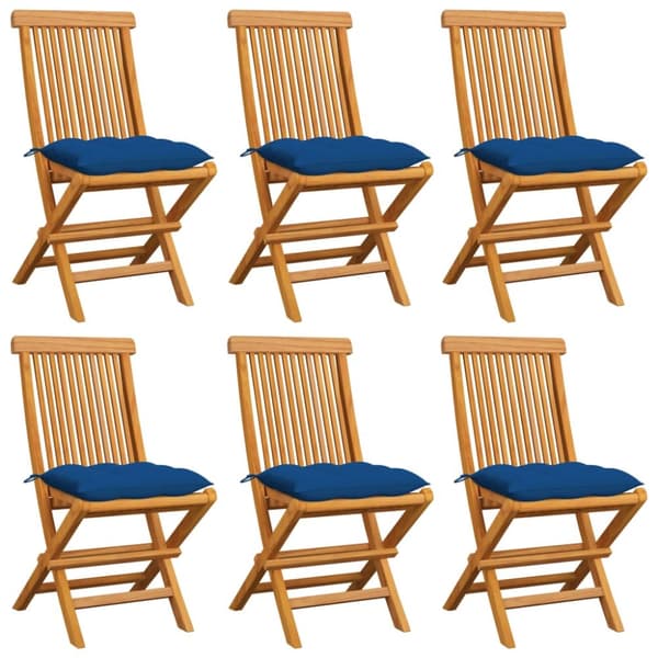 Trädgårdsstolar med blåa dynor 6 st massiv teak