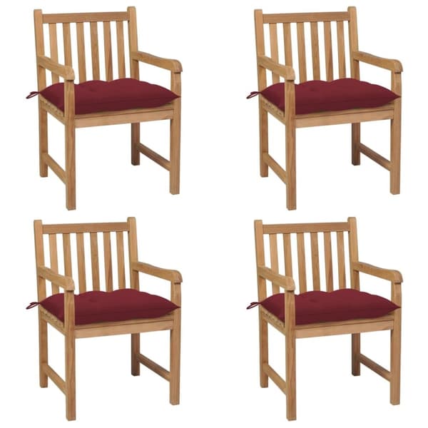 Trädgårdsstolar med vinröda dynor 4 st massiv teak