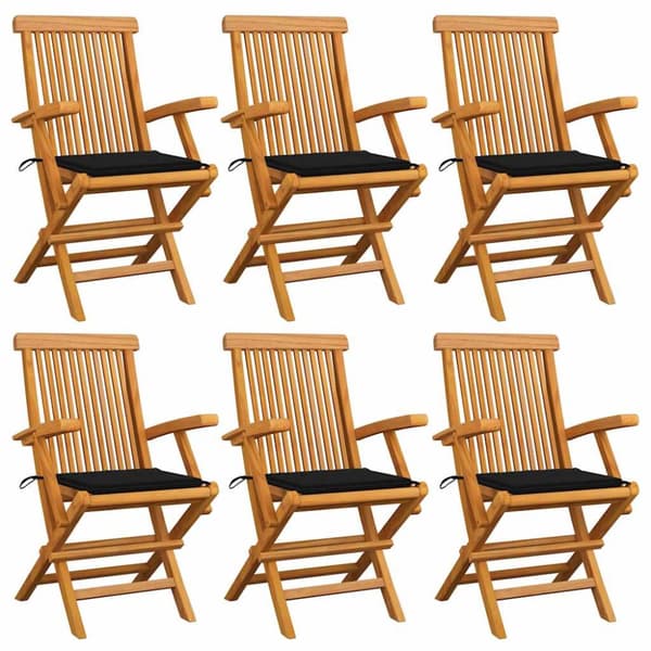 Trädgårdsstolar med svarta dynor 6 st massiv teak