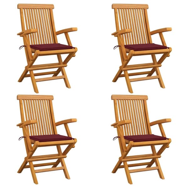 Trädgårdsstolar med vinröda dynor 4 st massiv teak