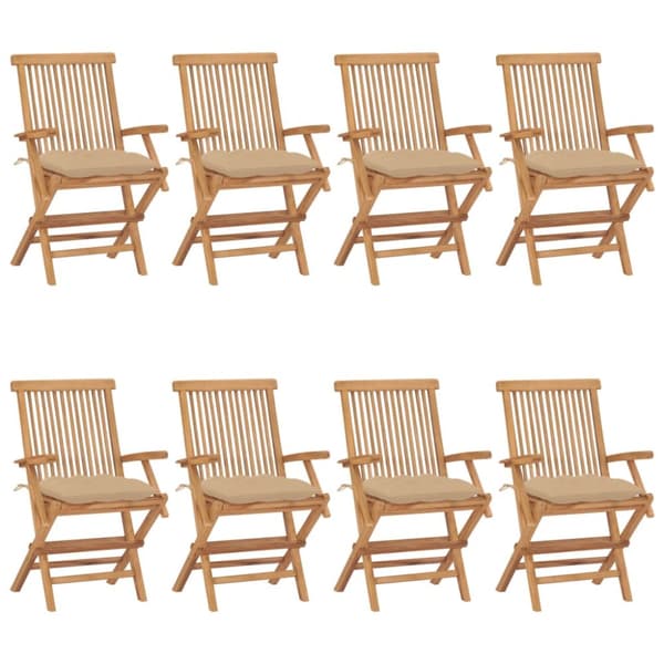 Trädgårdsstolar med beige dynor 8 st massiv teak