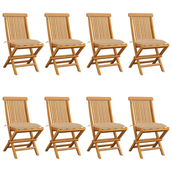 Trädgårdsstolar med beige dynor 8 st massiv teak