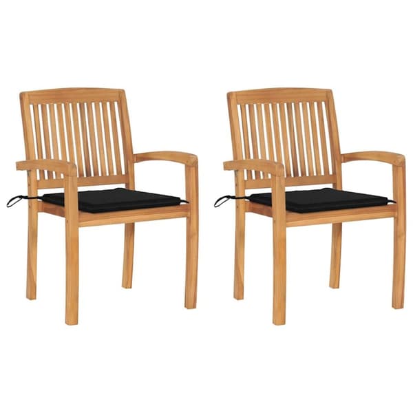 Trädgårdsstolar 2 st med svarta dynor massiv teak