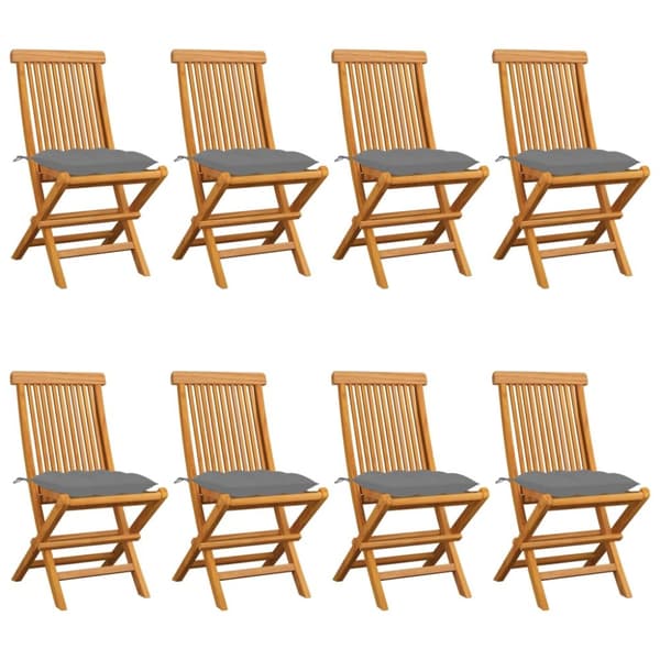 Trädgårdsstolar med grå dynor 8 st massiv teak