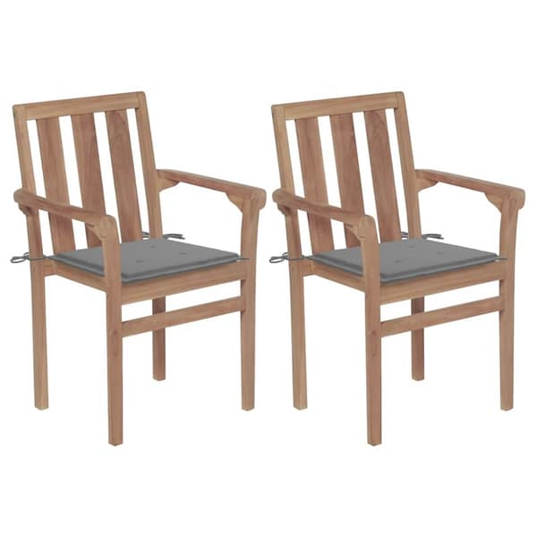 Trädgårdsstolar 2 st med grå dynor massivt teakträ