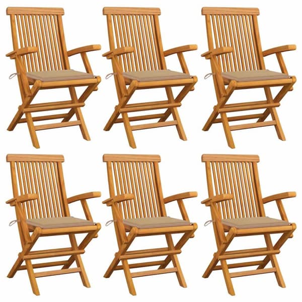 Trädgårdsstolar med beige dynor 6 st massiv teak