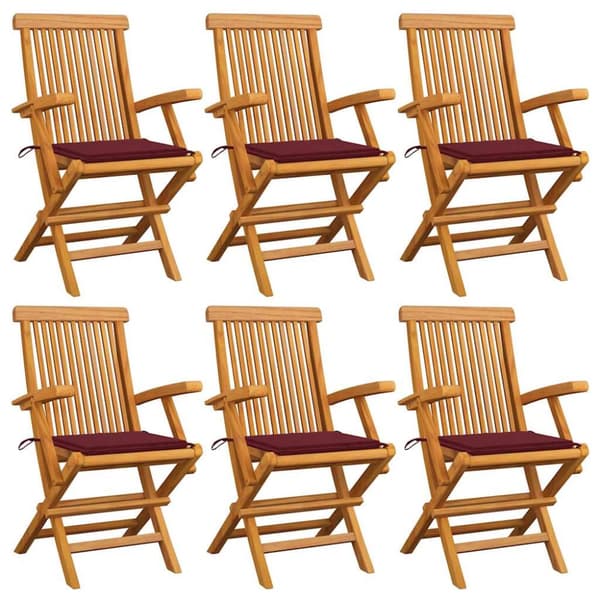 Trädgårdsstolar med vinröda dynor 6 st massiv teak