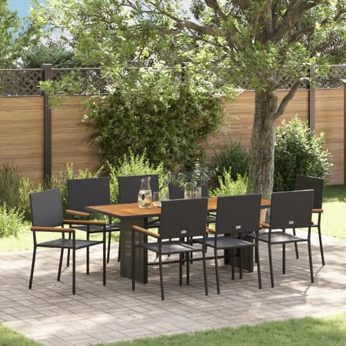 9-delat trädgårdsmatsalsset Svart Poly Rattan, vidaXL Stapelbara trädgårdsstolar med kuddar - 2-delat set i svart poly rattan