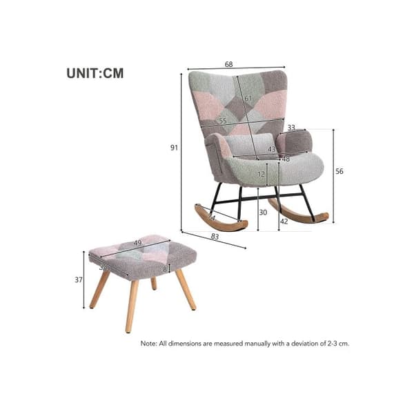Bekväm och färgglad gungstol, höjd 93 cm, sitsbredd 43 cm - inkluderar 1 fotpall (49*38*37 cm)