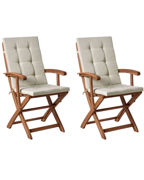 Sett med 2 Hagespisestoler i Lyst Tre med Taupe Puter Akasietre Ramme Sammenleggbar Rustikk Design