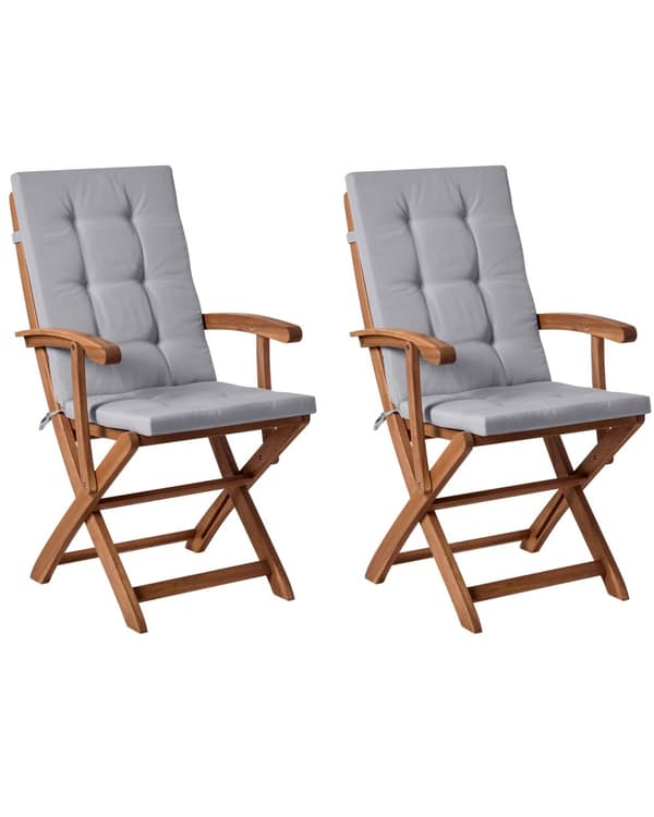 Sett med 2 Hagespisestoler i Lyst Tre med Lysegrå Puter Akasietre Ramme Sammenleggbar Rustikk Design