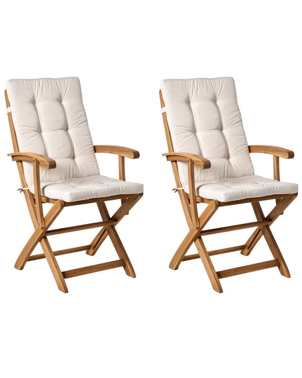 Sett med 2 Hagespisestoler i Lyst Tre med Lys Beige Puter Akasietre Ramme Sammenleggbar Rustikk Design