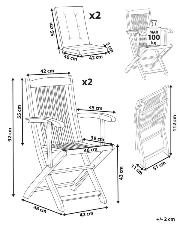 Sett med 2 Hagespisestoler i Lyst Tre med Røde Puter Akasietre Ramme Sammenleggbar Rustikk Design