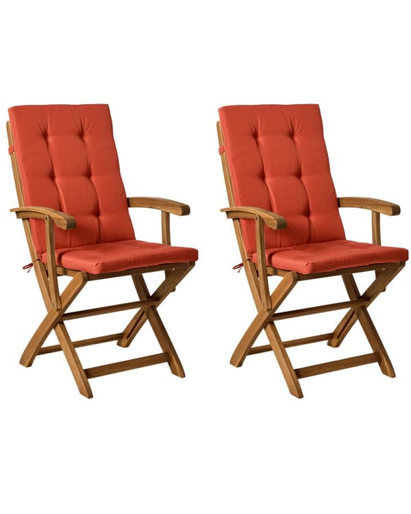 Sett med 2 Hagespisestoler i Lyst Tre med Røde Puter Akasietre Ramme Sammenleggbar Rustikk Design