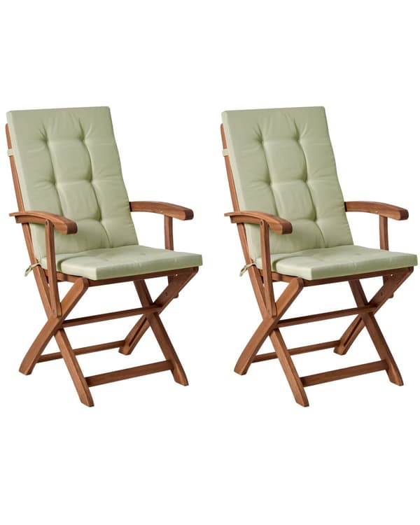 Sett med 2 Hagespisestoler i Lyst Tre med Lysegrønn Puter Akasietre Ramme Sammenleggbar Rustikk Design