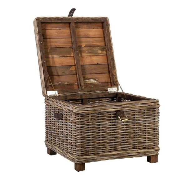 Bagagebord EGROS 60x60xH45cm bordplade: genbrugstræ, træramme med naturlig rattanvævning, farve: grå