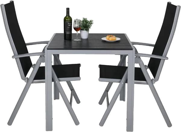 Aluminium udendørs havemøbelsæt, justerbare højryggede stole, 75x75x72 cm bord,Alle sorte