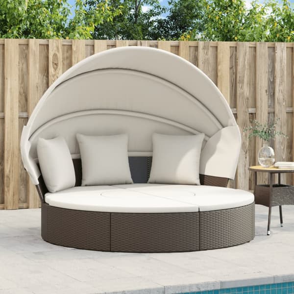 udendørs loungeseng med tag og hynder polyrattan brun