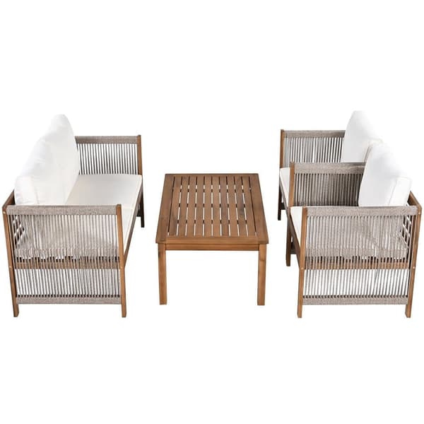 Steel Garden Lounge, 4 siddepladser - sofa, 2 lænestole og lille bord - flettet reb og akacietræ - Beige