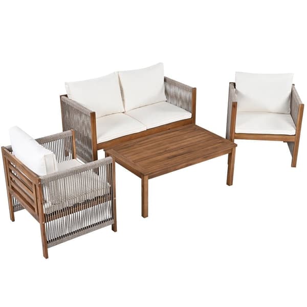 Steel Garden Lounge, 4 siddepladser - sofa, 2 lænestole og lille bord - flettet reb og akacietræ - Beige