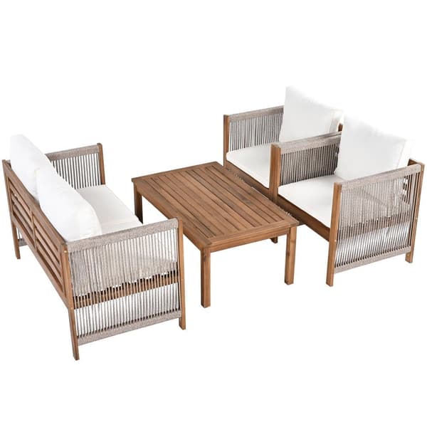 Steel Garden Lounge, 4 siddepladser - sofa, 2 lænestole og lille bord - flettet reb og akacietræ - Beige