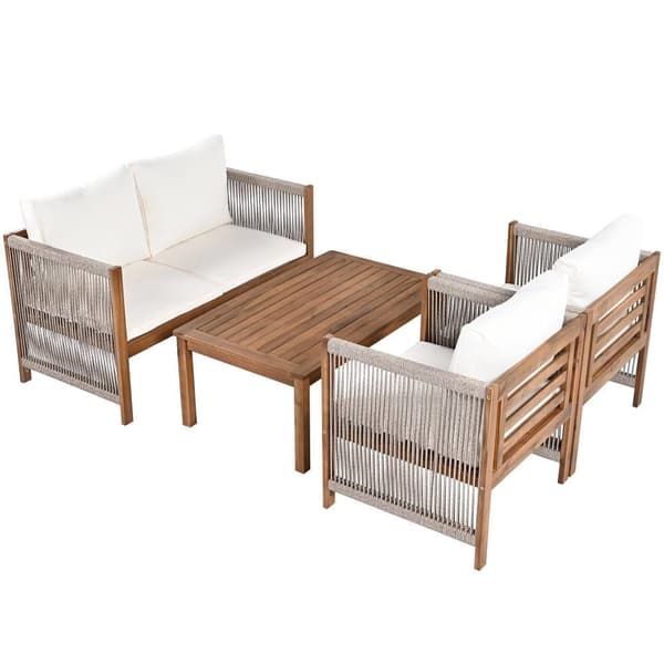 Steel Garden Lounge, 4 siddepladser - sofa, 2 lænestole og lille bord - flettet reb og akacietræ - Beige