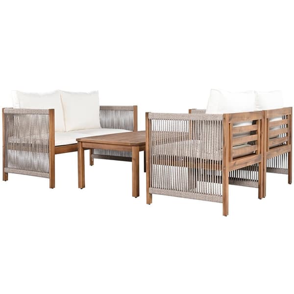 Steel Garden Lounge, 4 siddepladser - sofa, 2 lænestole og lille bord - flettet reb og akacietræ - Beige