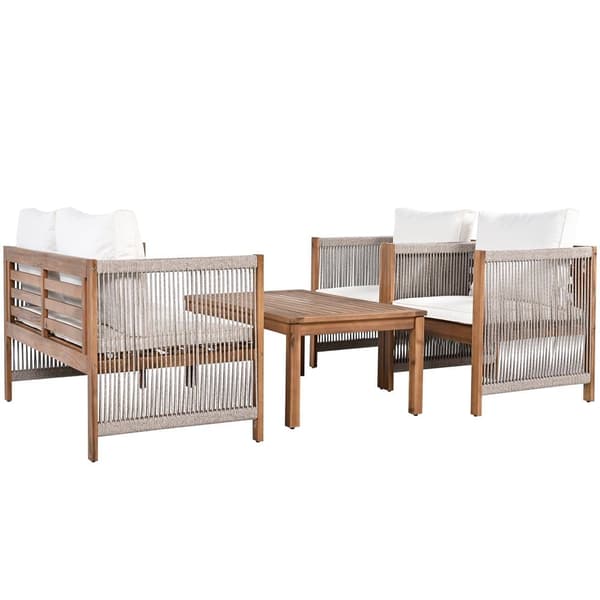 Steel Garden Lounge, 4 siddepladser - sofa, 2 lænestole og lille bord - flettet reb og akacietræ - Beige