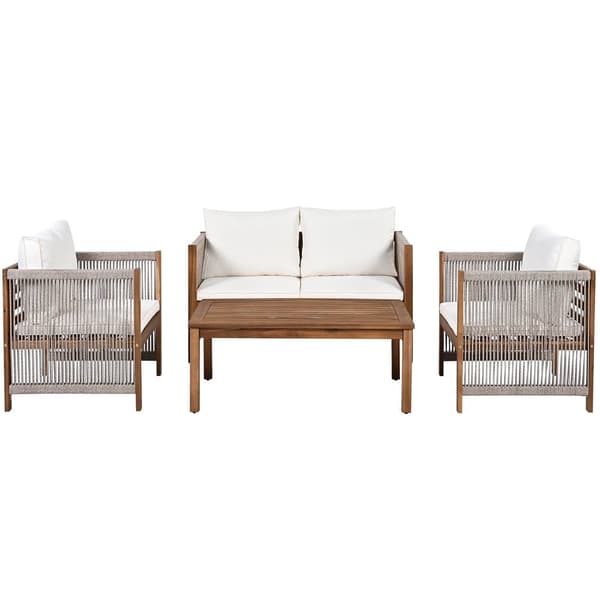 Steel Garden Lounge, 4 siddepladser - sofa, 2 lænestole og lille bord - flettet reb og akacietræ - Beige