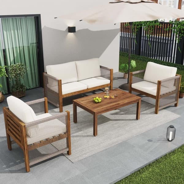 Steel Garden Lounge, 4 siddepladser - sofa, 2 lænestole og lille bord - flettet reb og akacietræ - Beige