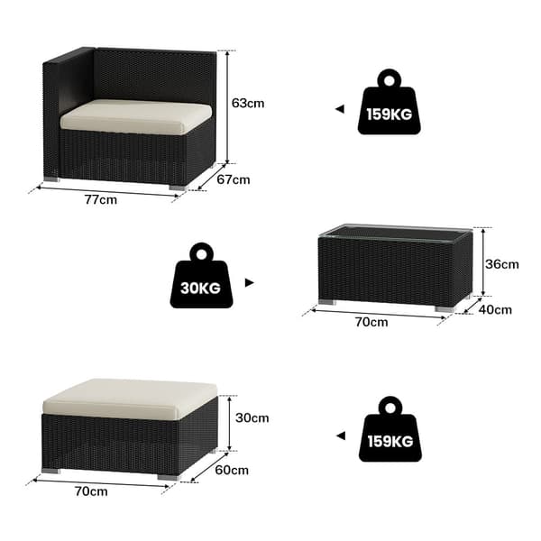 5-delars trädgårdsmöbler i rotting med bord i härdat glas och mysiga dynor