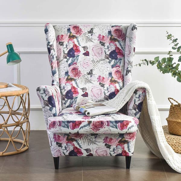 Uszaki-nojatuolin päällinen vaaleanpunaisilla kukilla