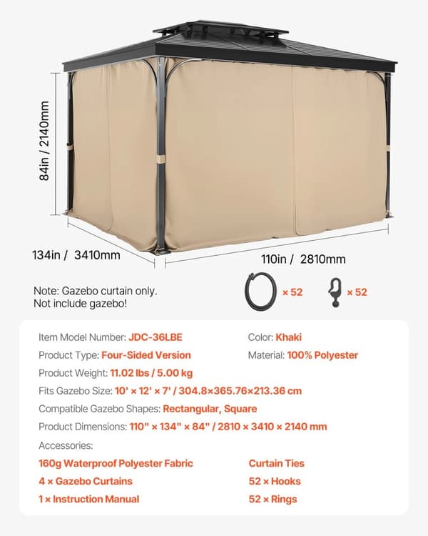 VEVOR Gazebo Gardiner, Fyrsidig Design, Hållbart Polyester Material,12ftx10ftx7ft