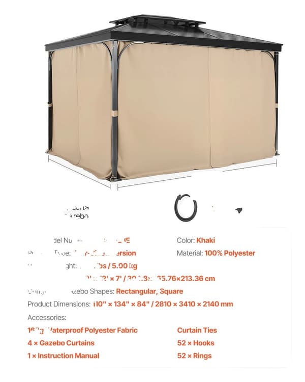 VEVOR Gazebo Gardiner, Fyrsidig Design, Hållbart Polyester Material,12ftx10ftx7ft