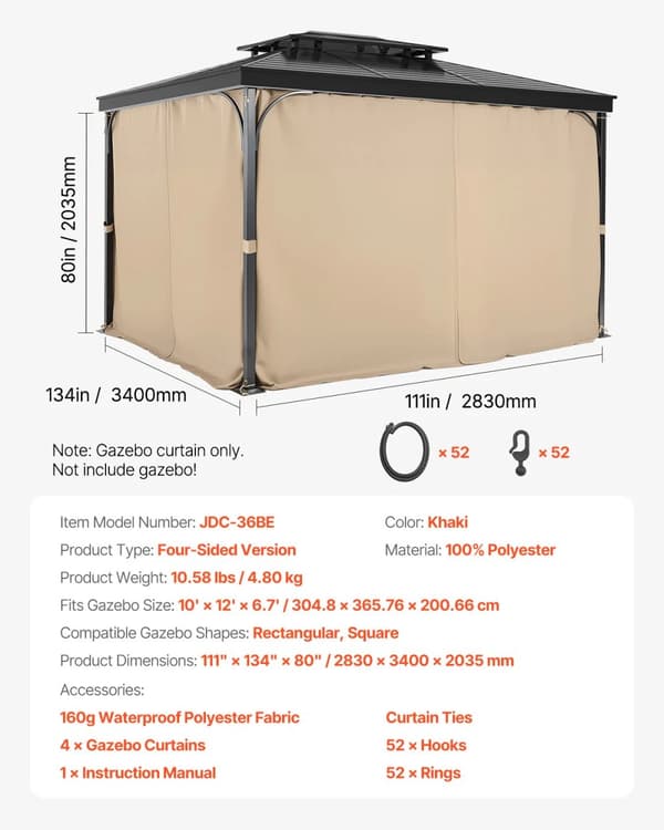 VEVOR Gazebo Gardiner, Fire-sidet Design, Holdbart Polyester Materiale,12ftx10ftx6.7ft