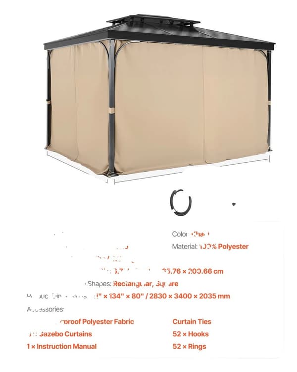 VEVOR Gazebo Gardiner, Fire-sidet Design, Holdbart Polyester Materiale,12ftx10ftx6.7ft